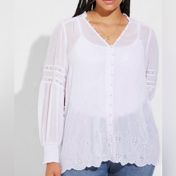 torrid Tops - Torrid Chiffon Blouse in White with Eyelet Embroidery. Size 1X.